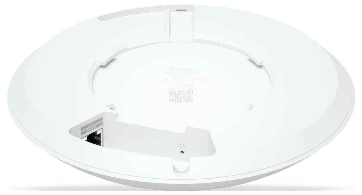 Ein weißer drahtloser Access Point von hinten, der Anschlüsse und Montagemöglichkeiten zeigt, mit der Beschriftung "Ubiquiti Networks UniFi AP-AC".