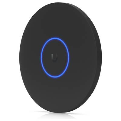 Ein schwarzer kreisförmiger WLAN-Zugangspunkt mit einem blauen LED-Leuchtring, der den Verbindungsstatus des Geräts anzeigt.