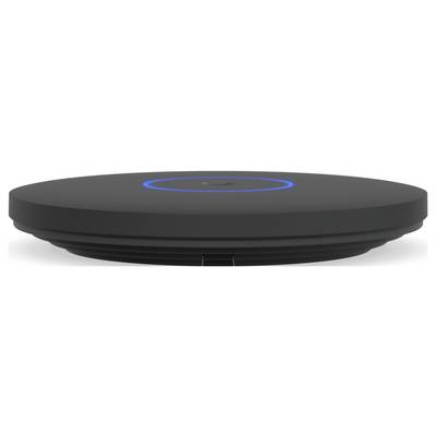 Ein schwarzes, kreisförmiges Smart-Hub-Gerät mit einem leuchtenden blauen Ring an der Oberseite, der den Energie- oder Verbindungsstatus anzeigt.