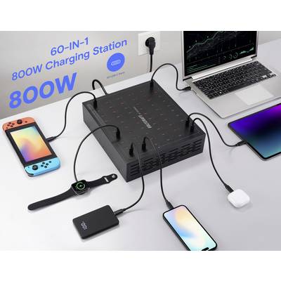Eine 60-in-1 Ladestation, die mit mehreren Geräten verbunden ist, darunter ein Laptop, Smartphone, Tablet, Smartwatch und Spielekonsole, die ihre Kapazität zur gleichzeitigen Aufladung verschiedener elektronischer Geräte demonstriert.