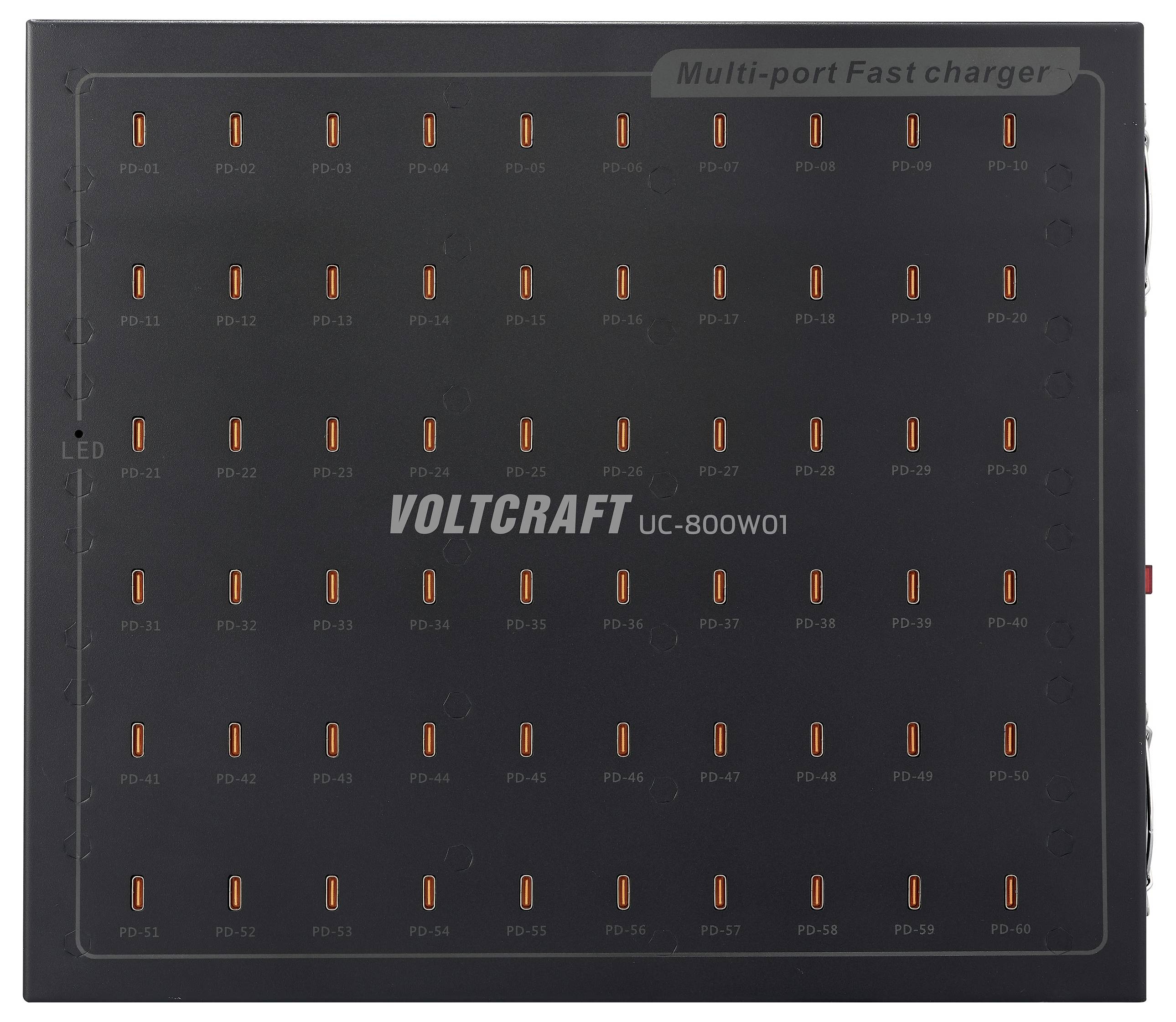 'Voltcraft UC-800W01 Multi-Port-Schnellladegerät' mit einem Raster von 64 LED-Anzeigen, die von PD-01 bis PD-64 beschriftet sind und den Ladestatus anzeigen.