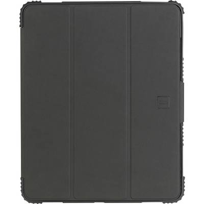 Schwarze Tablet-Schutzhülle mit dreigeteiltem Umschlag, geschlossen vor weißem Hintergrund gezeigt.