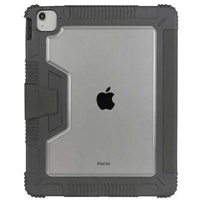 Rückansicht eines iPad Air in einer robusten schwarzen Schutzhülle mit sichtbarem Apple-Logo und Kamera.