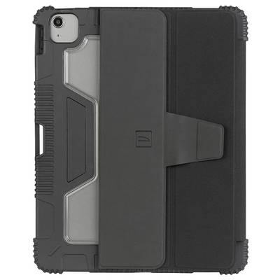 Schwarze robuste Tablet-Schutzhülle mit umklappbarer Frontabdeckung und Kameraausschnitt auf der Rückseite, geschlossen dargestellt.