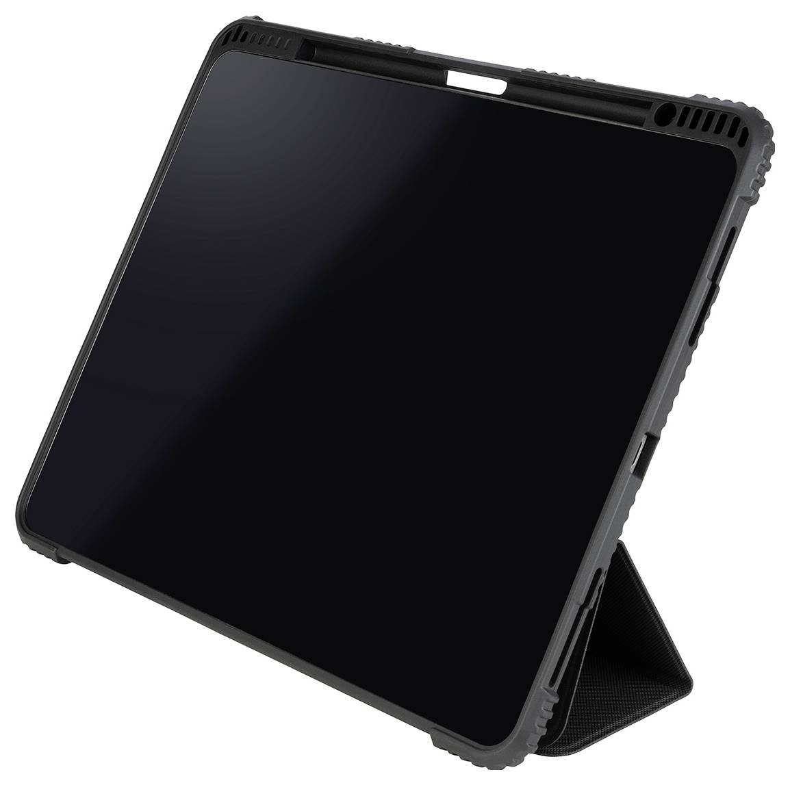 Schwarzes Tablet in einem robusten Schutzgehäuse mit integriertem Klappsockel, schräg auf weißem Hintergrund dargestellt.