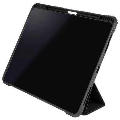 Schwarzes Tablet in einem robusten Schutzgehäuse mit integriertem Klappsockel, schräg auf weißem Hintergrund dargestellt.