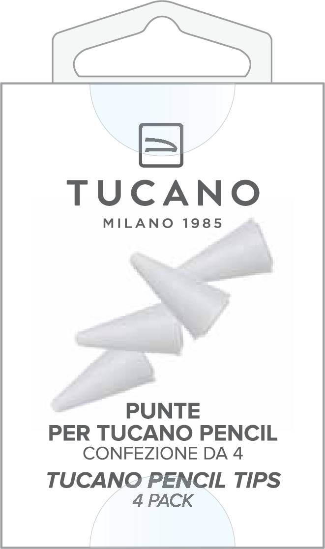 Schachtel mit Bleistiftspitzen von 'Tucano Milano 1985', beschriftet 'Punte per Tucano Pencil, Confezione da 4, Tucano Bleistiftspitzen, 4er-Packung.'