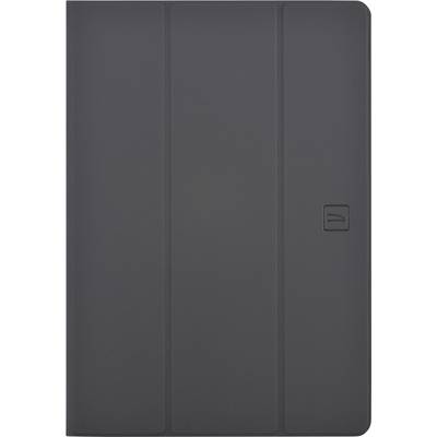 Eine dunkelgraue Tablethülle mit einem schlichten, glatten Design und sichtbaren Nähten.