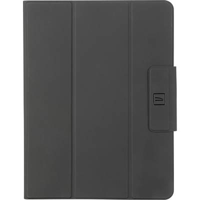 Schwarze Tablet-Schutztasche mit dreiteiliger Abdeckung und seitlichem Verschluss auf einfarbig weißem Hintergrund.