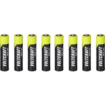 Acht gelb-schwarze Volcraft 10/20 AA-Batterien in einer horizontalen Reihe auf weißem Hintergrund angeordnet.