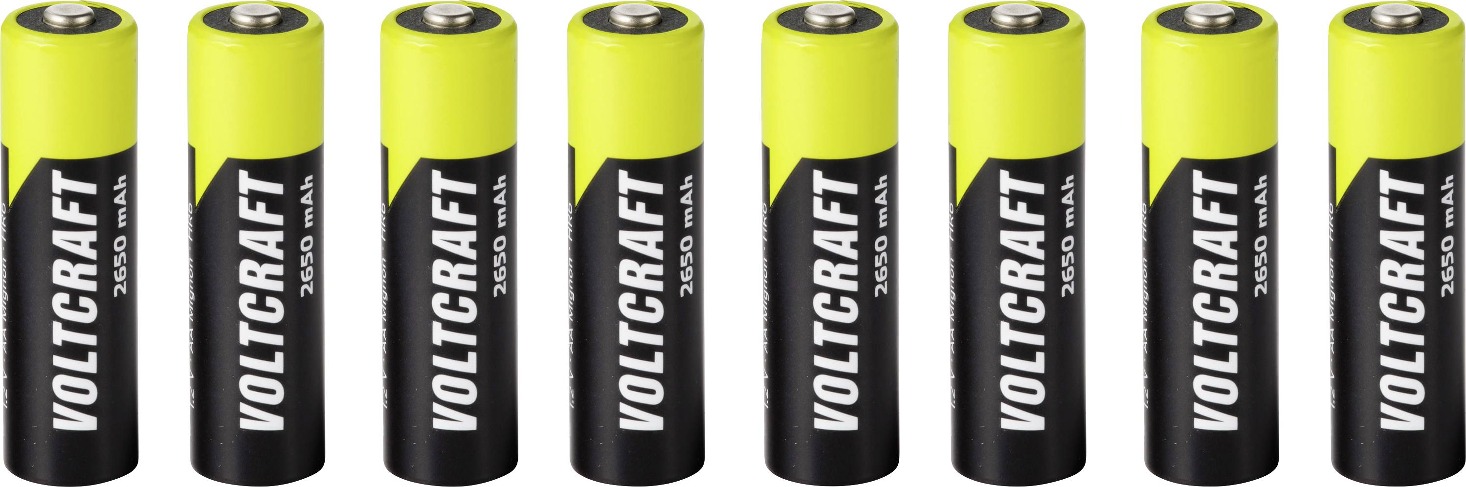Acht Voltcraft 14500 wiederaufladbare Batterien in einer Reihe aufrecht angeordnet, schwarzes und gelbes Design mit "VOLTCRAFT"-Branding.