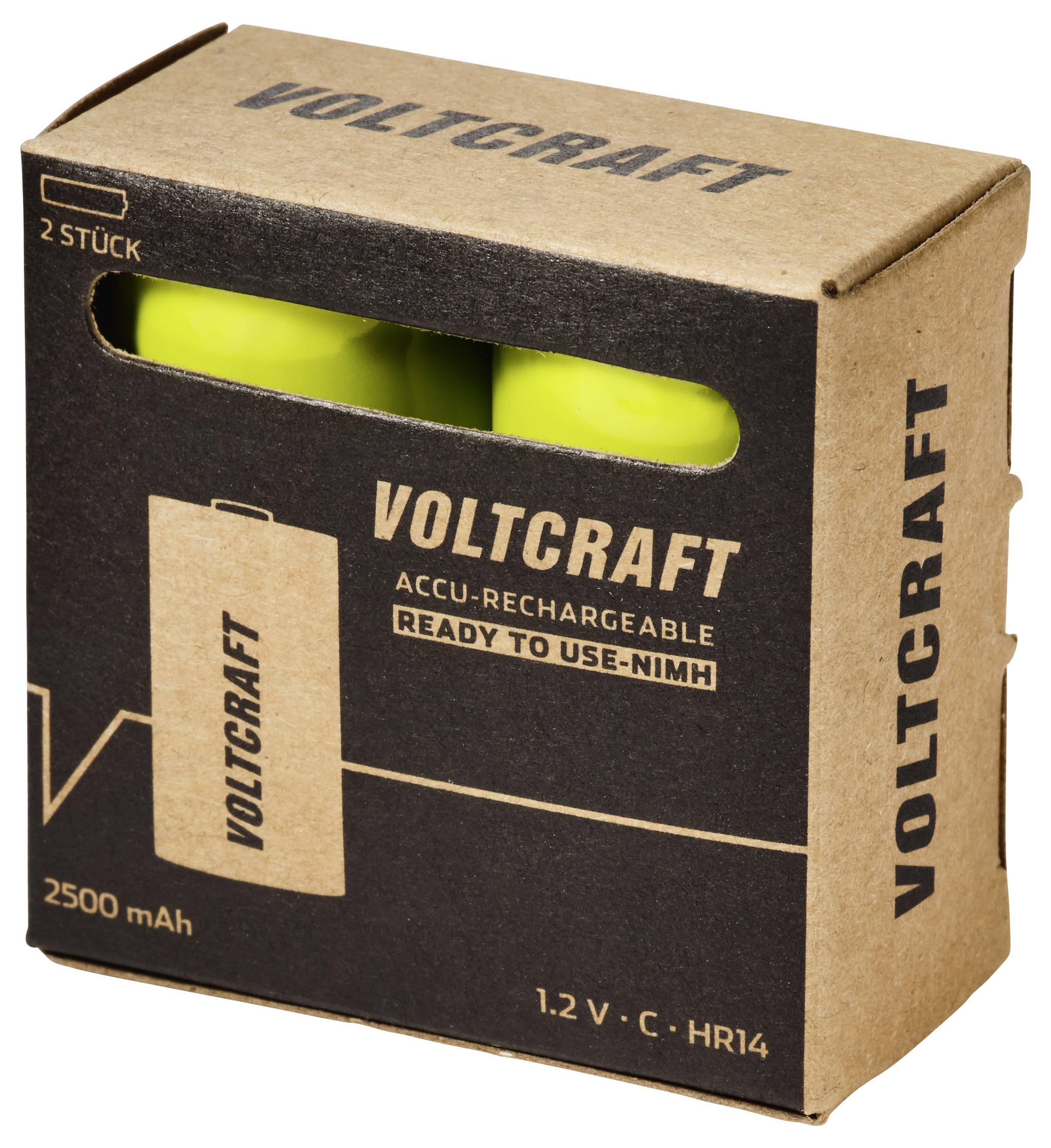 Voltcraft Wiederaufladbarer Batterie-Pack in einer Schachtel mit der Aufschrift "2 STÜCK", "2500 mAh" und "1.2V C HR14", mit grünen Batterien, die durch das Fenster sichtbar sind.