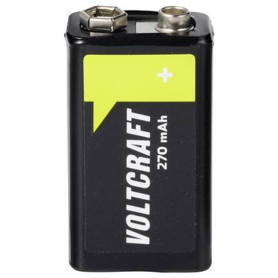 Schwarze 9-Volt-Voltcraft-Batterie mit sichtbaren positiven und negativen Anschlüssen, gekennzeichnet mit „VOLTCRAFT 270 mAh".