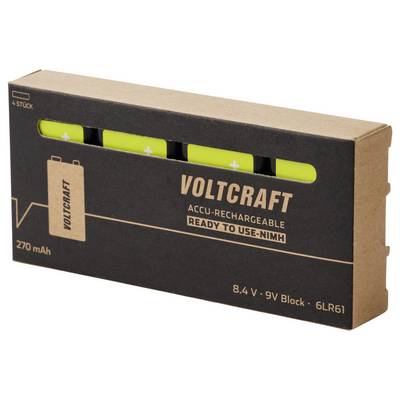 Packung mit vier aufladbaren VOLTCRAFT NiMH 9V-Batterien, 270 mAh, 8,4 V, einsatzbereit.