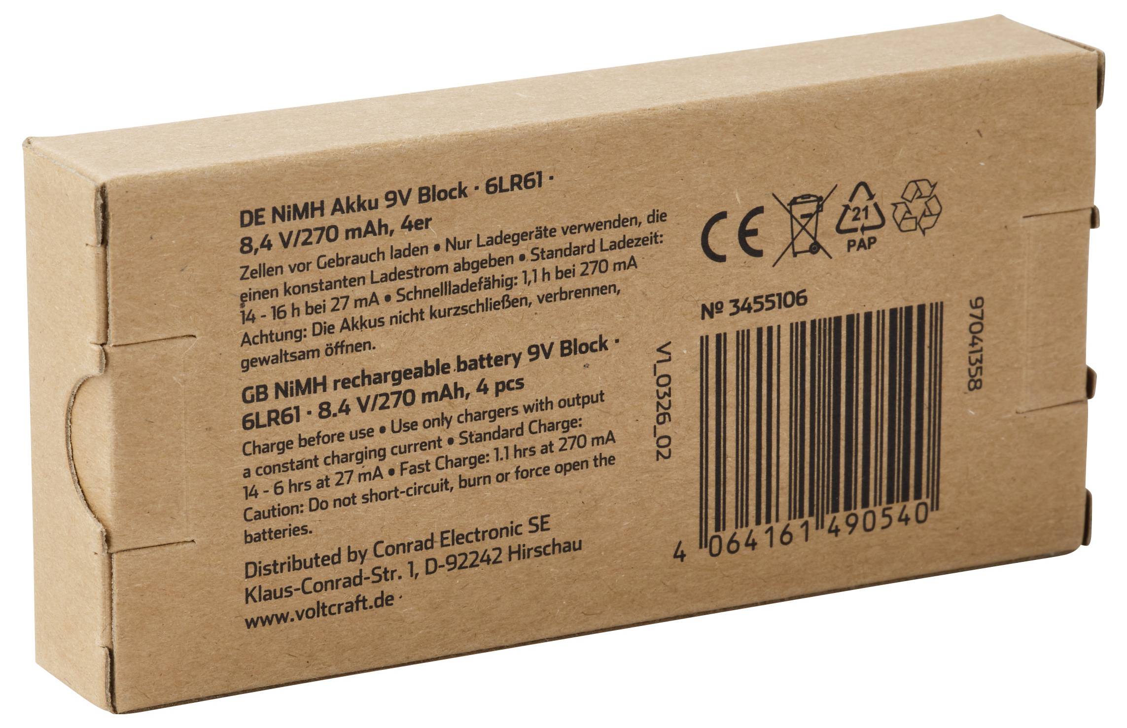 Pappkarton für ein wiederaufladbares 9V-Batteriepack mit der Aufschrift „DE NIHM Akku 9V Block"; die Seite zeigt einen Barcode und Recycling-Symbole.