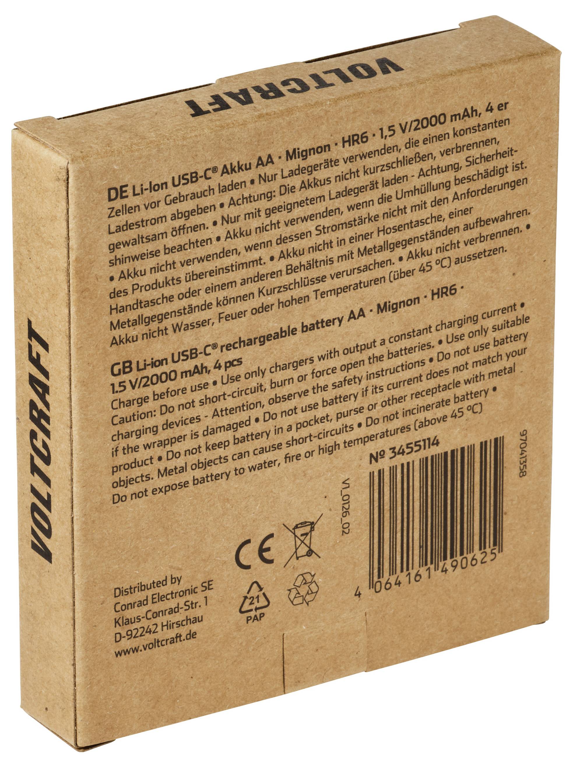 Voltgraft wiederaufladbare Lithium-Ionen-Akkubox mit der Bezeichnung „DELL" und „GB LI-2000 mAh, 4er" mit Sicherheitswarnungen und Barcode.