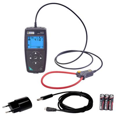 Ein tragbarer Datenlogger mit LCD-Bildschirm zeigt '4110' an. Er ist mit einem flexiblen Sensor verbunden. Drei Batterien, ein Ladegerät und Kabel befinden sich in der Nähe.