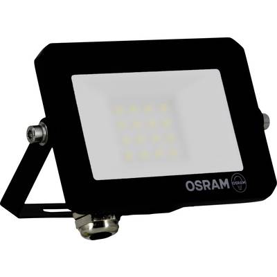 Eine schwarze rechteckige LED-Flutlichtlampe mit einer weißen Platte, auf der 12 kleine gelbe Lichter angebracht sind, montiert auf einem verstellbaren Halterungsarm.