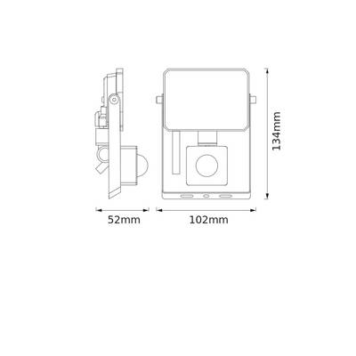 Diagramm eines Geräts mit Abmessungen: Höhe 134 mm, Breite 102 mm, Tiefe 52 mm.