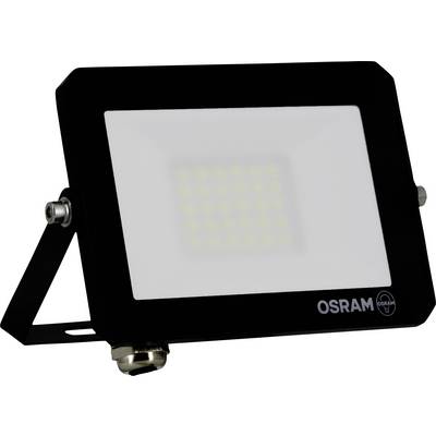 Ein schwarzer Osram LED-Flutlichtstrahler mit rechteckiger Form und Befestigungshalterung, konzipiert für Außenbeleuchtung.