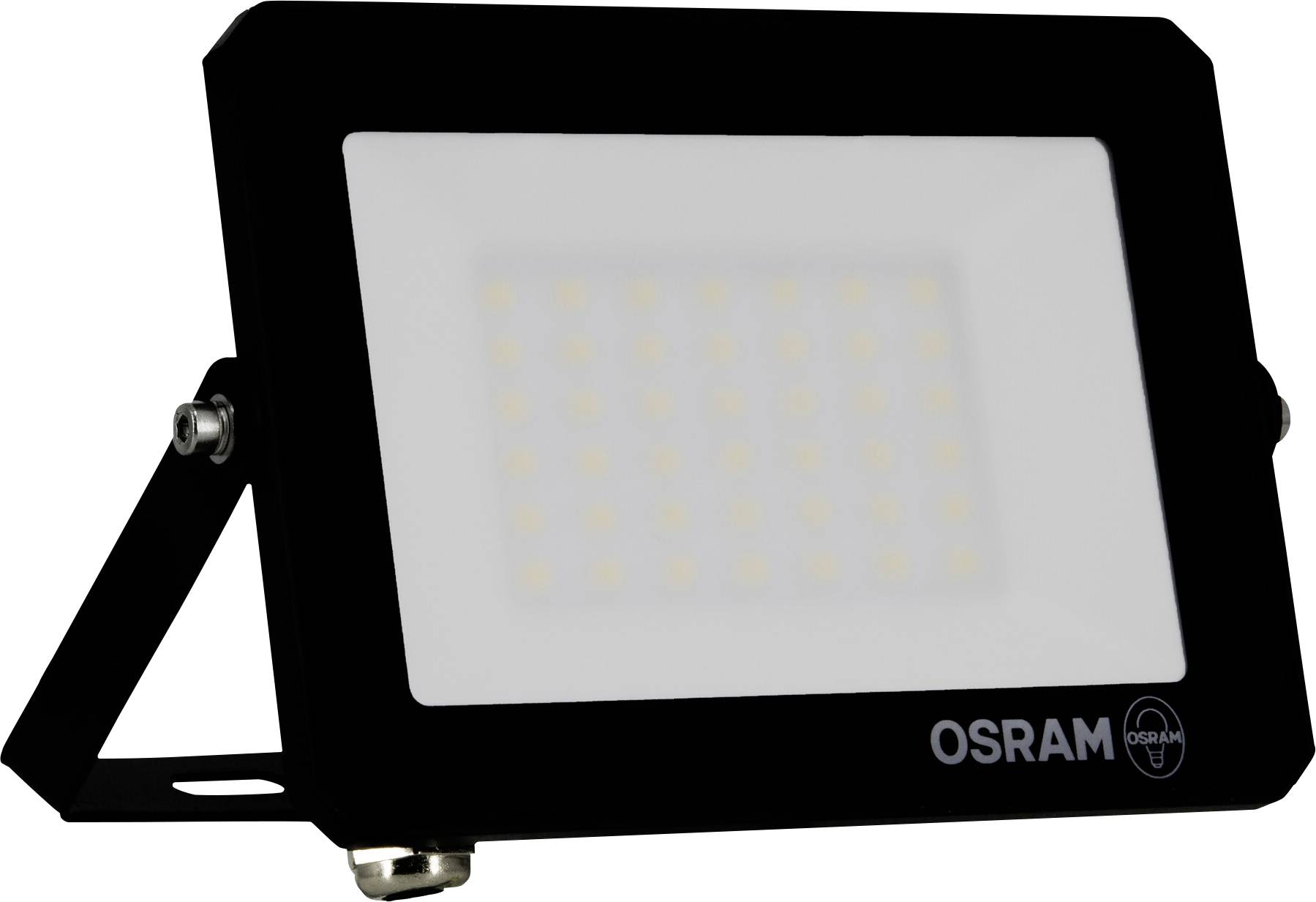 Eine rechteckige LED-Flutlichtstrahler mit schwarzem Rahmen, mit der Markenbezeichnung 'OSRAM' in weißer Schrift, konzipiert für Außenbeleuchtung und auf einem abgewinkelten Halterungsbügel montiert.