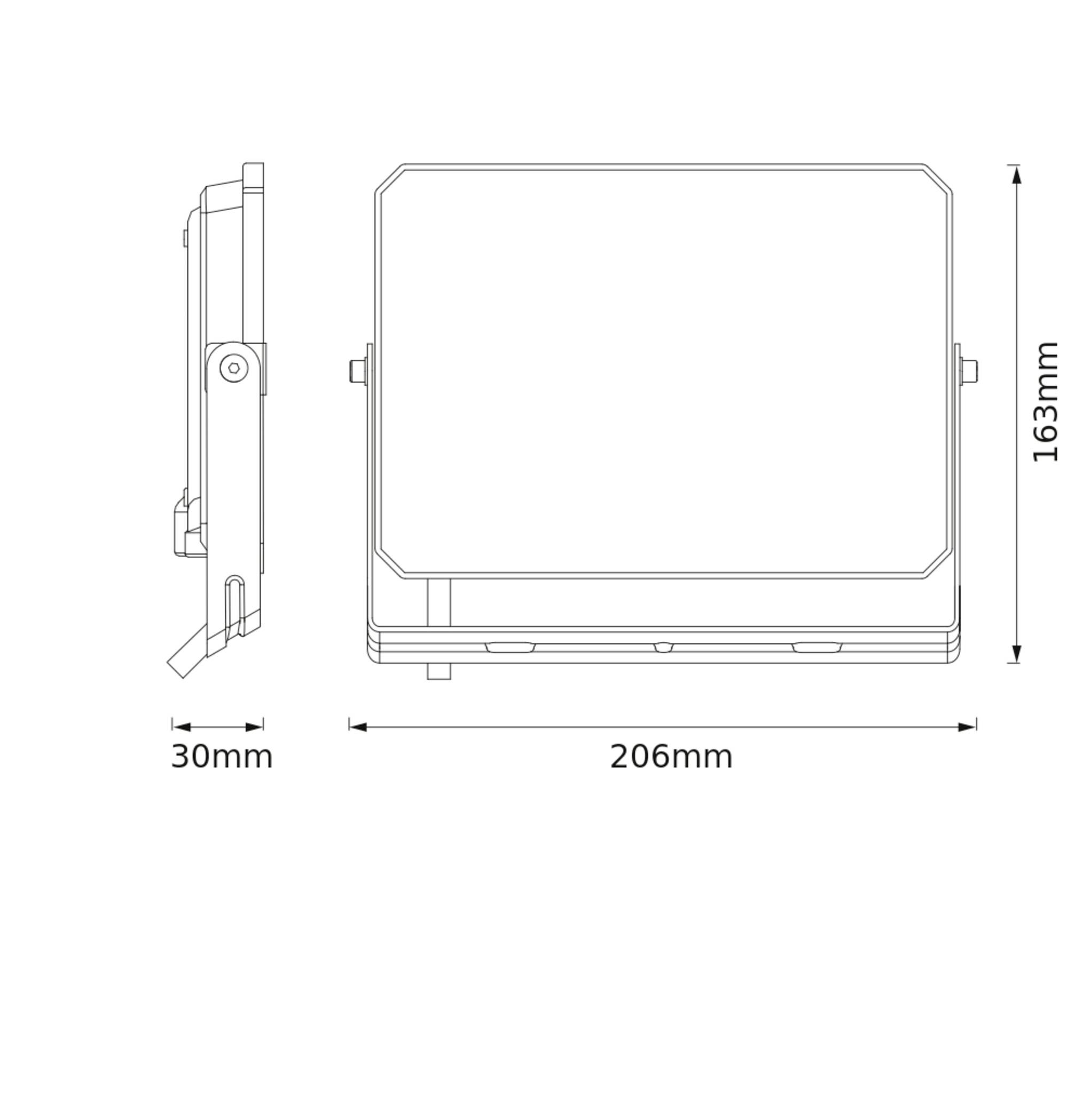 Diagramm, das zwei Ansichten eines rechteckigen Geräts mit Abmessungen zeigt; Frontansicht ist 163 mm hoch und 206 mm breit, Seitenansicht ist 30 mm tief.