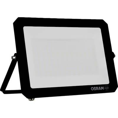 Eine schwarzgerahmte LED-Flutlichtstrahler mit einer weißen Blende, unten rechts mit der Marke "Osram" versehen, auf einem verstellbaren Halterungsarm montiert.