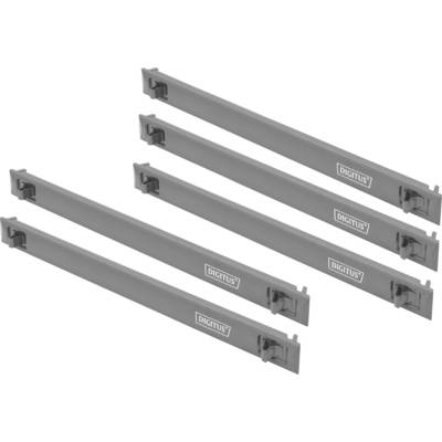 'Digitus' graue Blindabdeckungen aus Kunststoff für Serverracks, in einer Fünferpackung gezeigt. Jedes Panel verfügt über ein Logo und Klemmbefestigungen an den Enden.