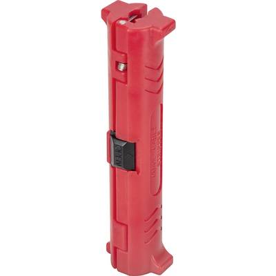 Ein roter, handgehaltener Koaxialkabel-Abisolierzange mit einem schwarzen Einstellschalter zum Vorbereiten von Kabeln in der Elektro- und Telekommunikationsarbeit.