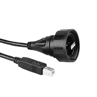 Ein USB-Kabel mit einem einzigartigen, großen zylindrischen Endanschluss auf der einen Seite und einem Standard-USB-Anschluss auf der anderen Seite.