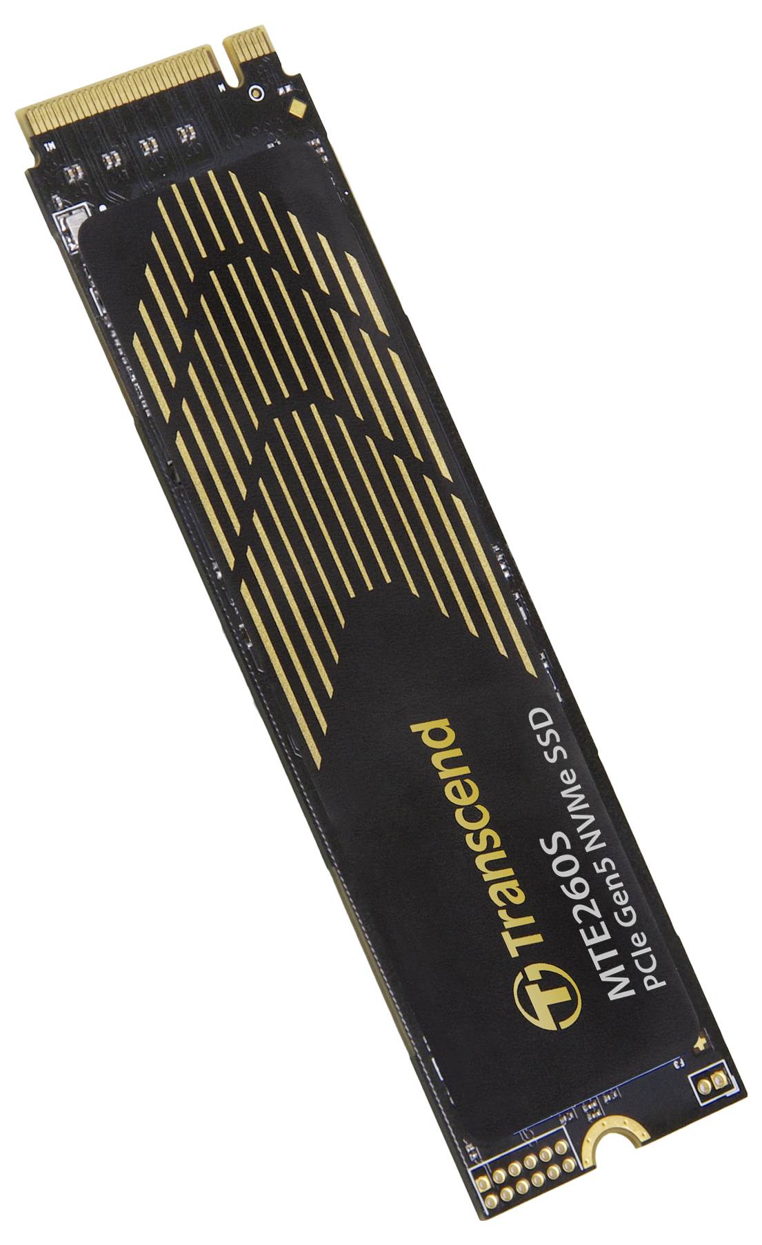 SSD mit der Bezeichnung 'Transcend MTE250S PCIe Gen4 x4 NVMe SSD' überzeugt mit einem eleganten Design in Gold und Schwarz.