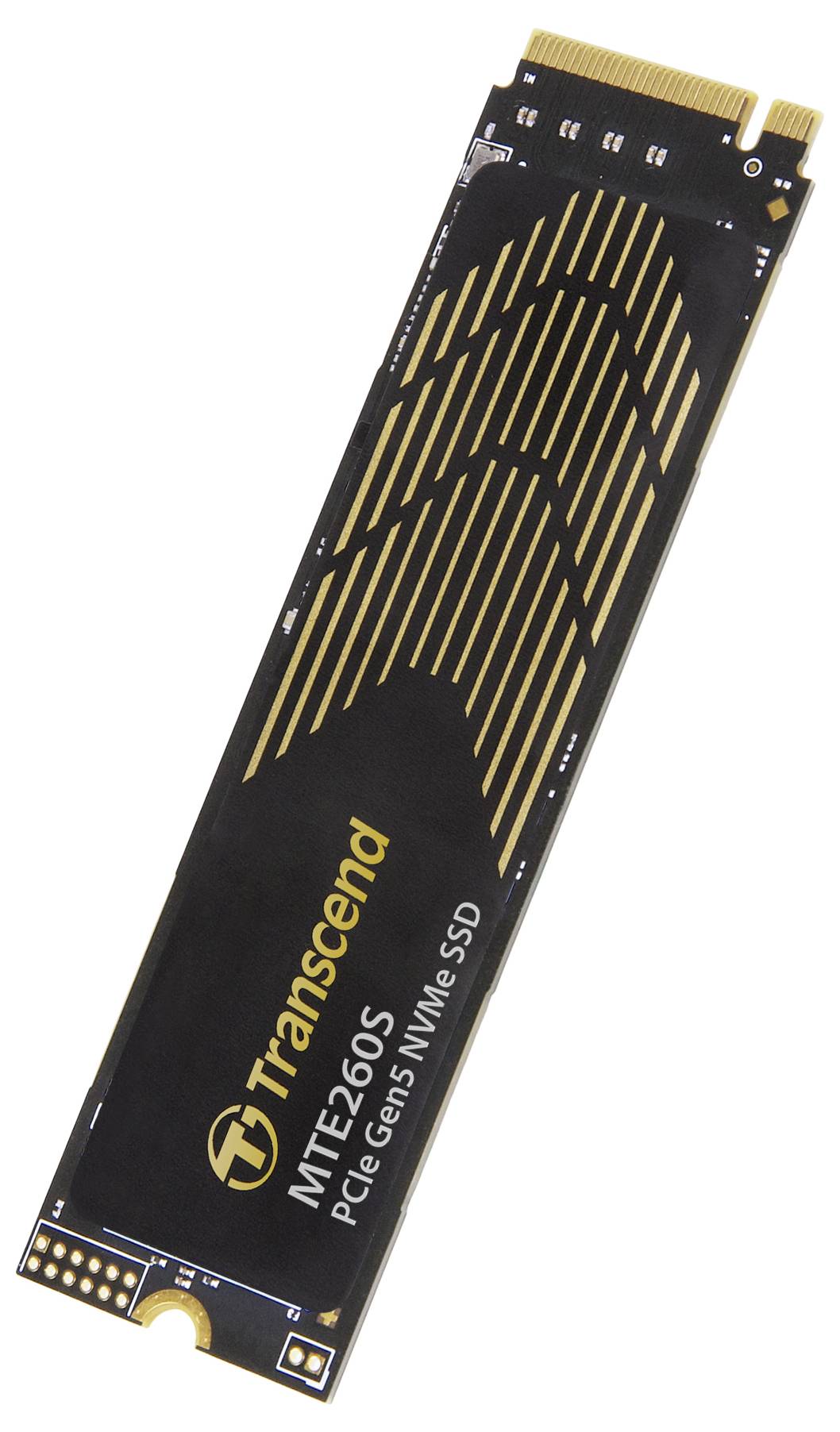 Eine 'Transcend MTE260S' PCIe Gen 5 NVMe SSD mit elegantem Design, goldenen Linien auf schwarzer Oberfläche und Anschluss-Kontakten.