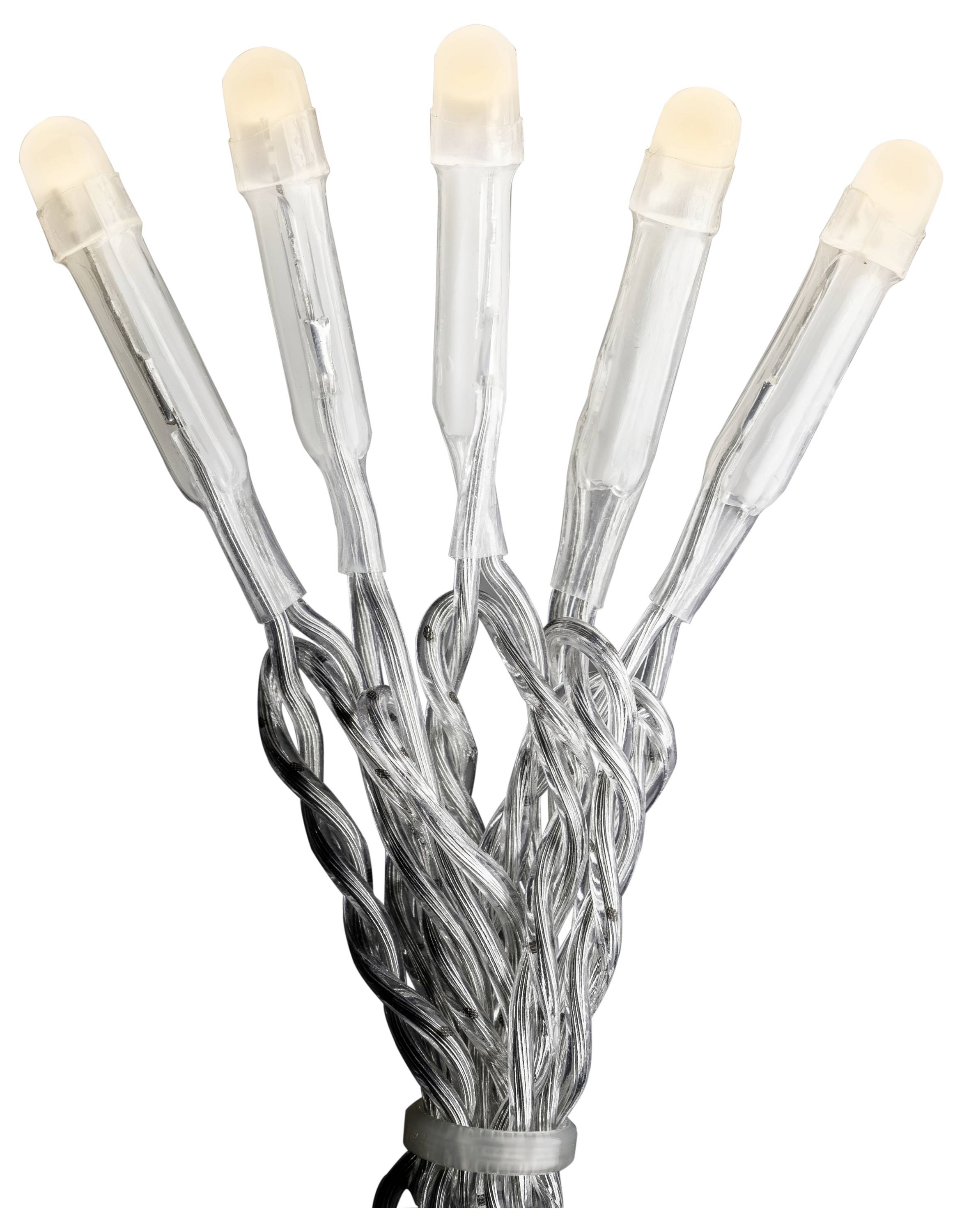 Ein Bündel von klaren LED-Lichterketten mit weißen Glühbirnen, ineinander verschlungen, die von unten hervorragen und sich an der Spitze fächerartig ausbreiten.