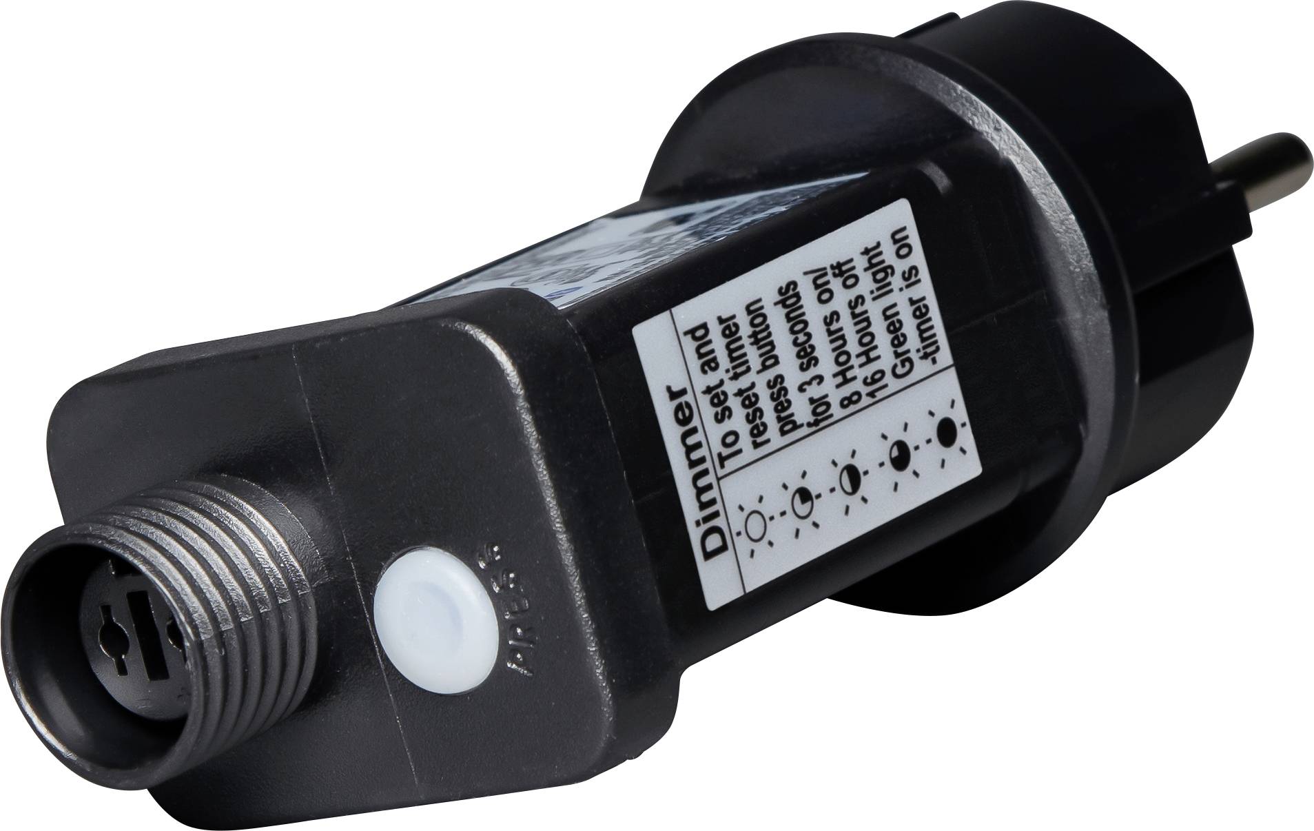 Ein schwarzer Dimmer-Schalter mit einem europäischen Stecker, versehen mit einer beschrifteten Zeitschaltuhr zum Einstellen von Lichtintervallen.