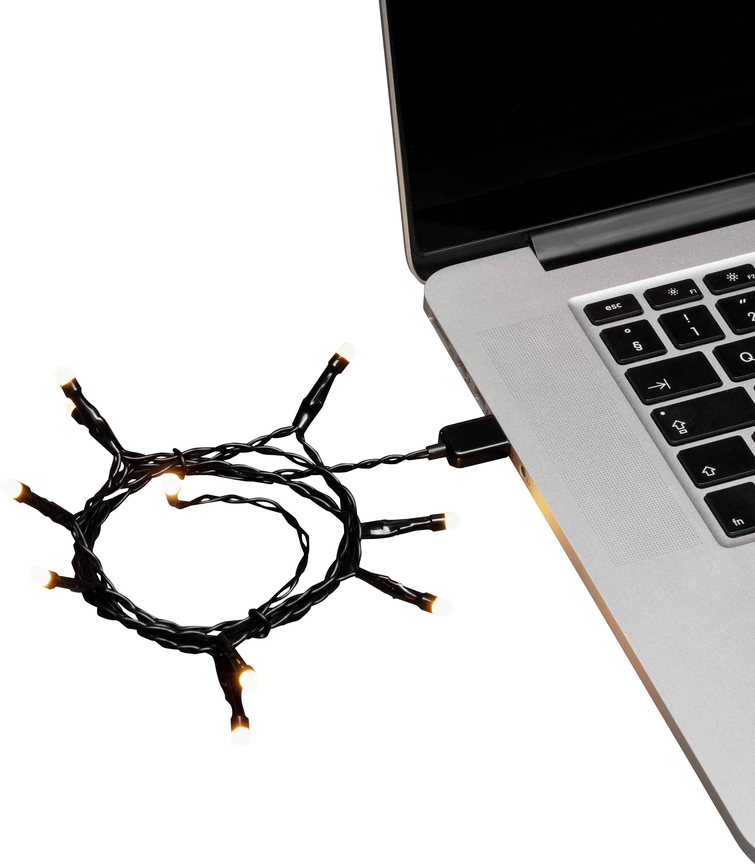 Eine Reihe von USB-betriebenen Lichterketten, die an einen Laptop angeschlossen sind, mit mehreren kleinen Glühbirnen, die beleuchtet sind und tragbare Beleuchtung demonstrieren.