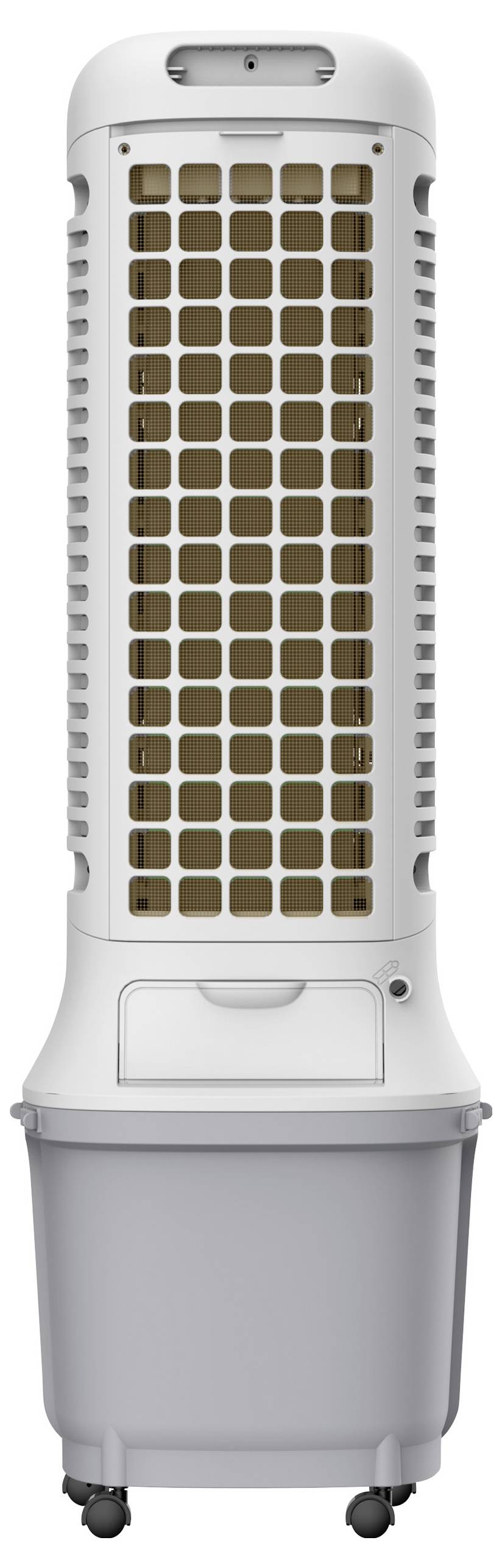 Ein tragbarer Luftkühler in Weiß mit schlankem, rechteckigem Design, ausgestattet mit Wabenkühlelementen und Rädern für einfache Beweglichkeit.