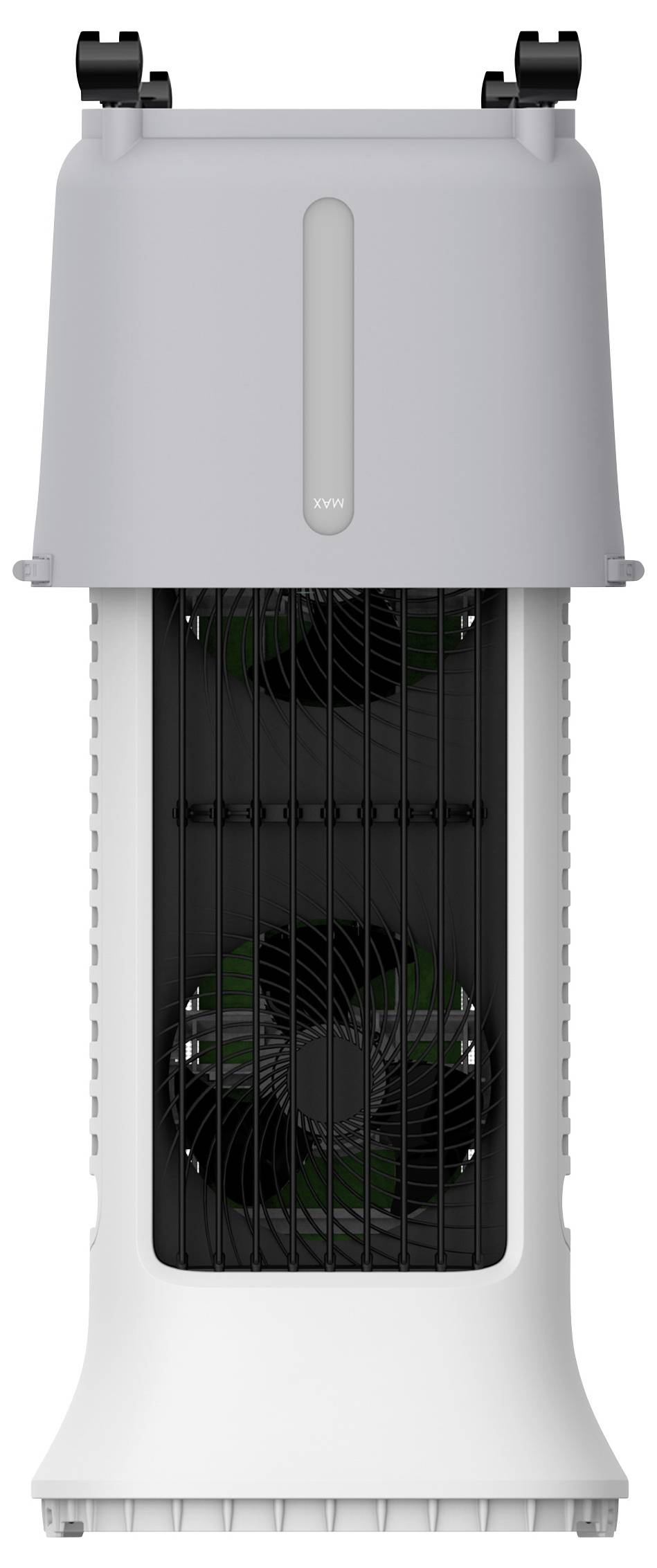 Seitenansicht eines weißen elektronischen Geräts mit einer Montageklammer und Kabelverbinder auf der rechten Seite.