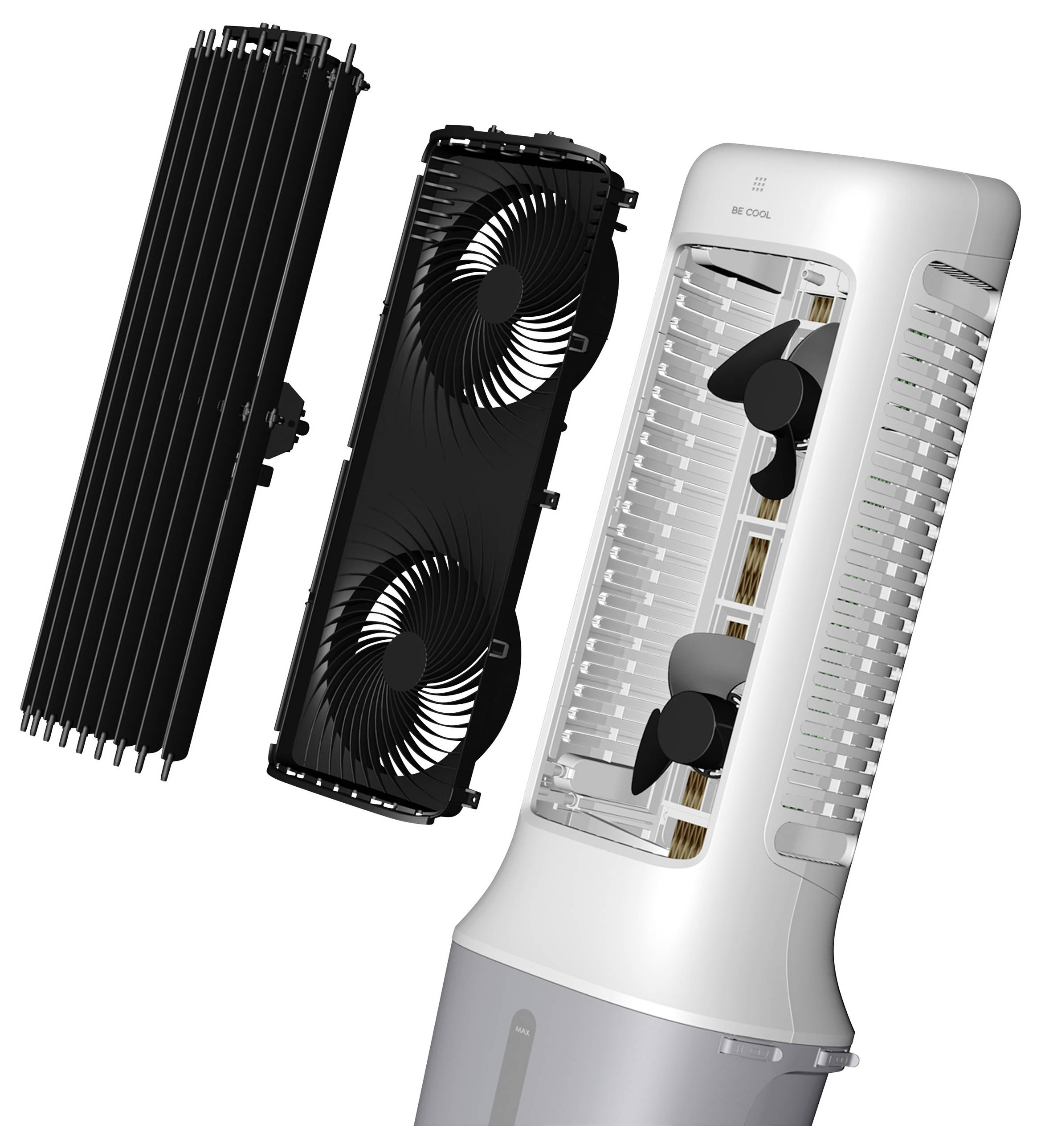 Eine Illustration, die einen Ventilator in drei Teile zerlegt zeigt: das vordere Gitter, die Ventilatorblätter und die Haupteinheit, wobei die internen Komponenten hervorgehoben werden.