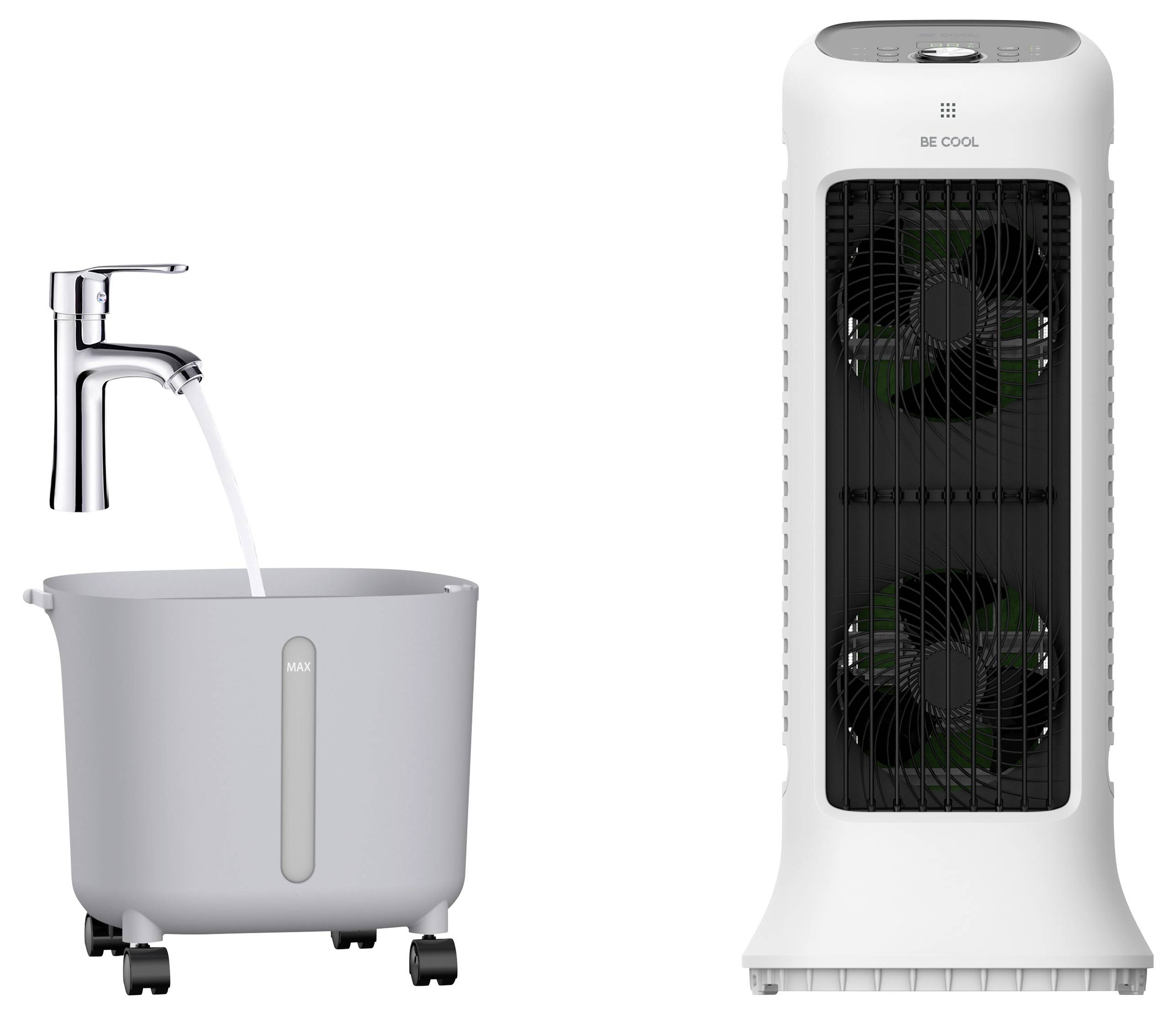 „Bild zeigt einen grauen Eimer mit Lenkrollen, der aus einem Wasserhahn mit Wasser gefüllt wird, neben einem weißen Turmventilator mit der Aufschrift BE COOL."