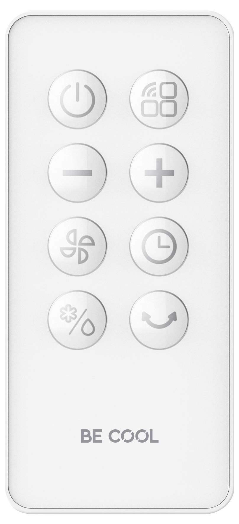 Fernbedienung mit acht Tasten für Stromversorgung, Einstellungen, Lüftergeschwindigkeit, Timer und Modi. Text unten lautet „BE COOL".