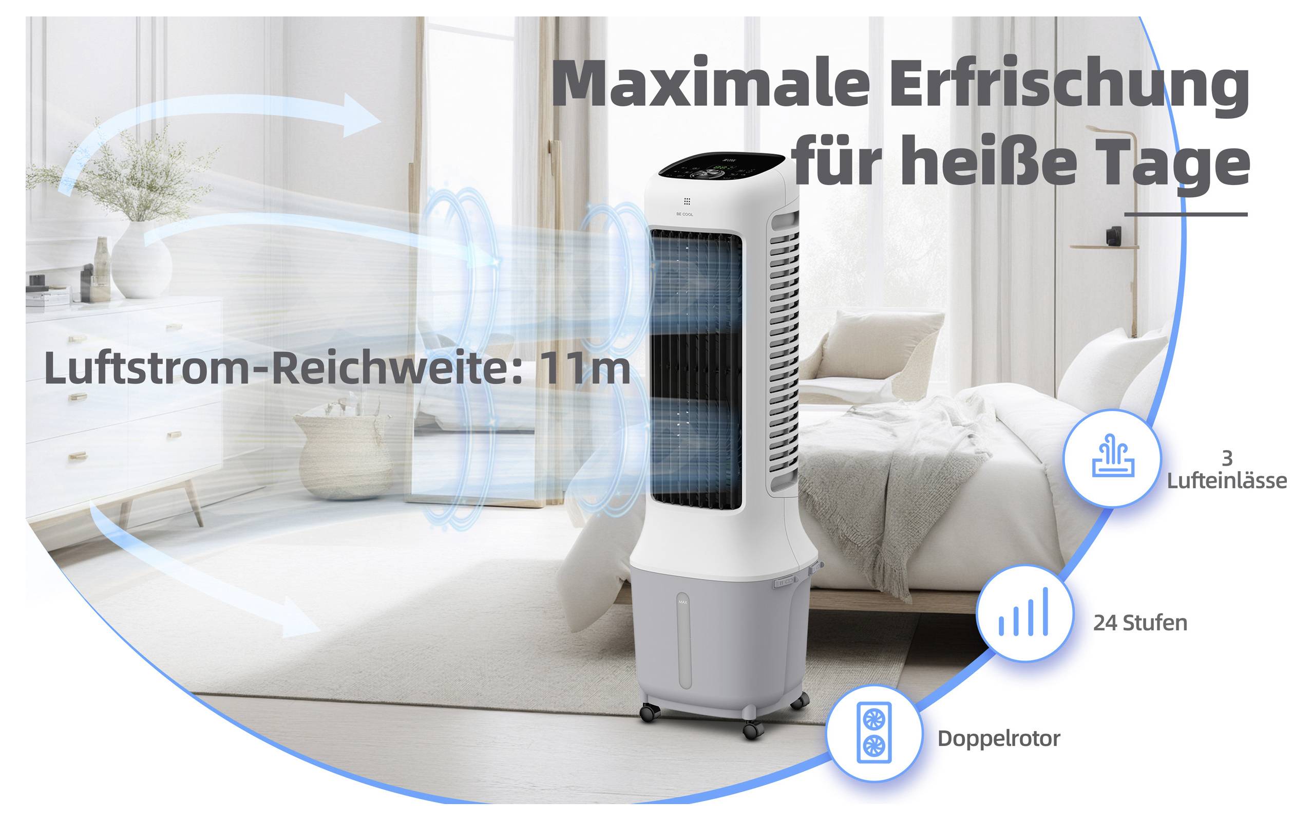 „Tragbarer Luftkühler in einer Schlafzimmereinstellung, der eine Luftströmung von 11 m zeigt. Merkmale: 3 Lufteinlässe, 24 Stufen und doppelte Rotoren. Der Text lautet: Maximale Erfrischung für heiße Tage."