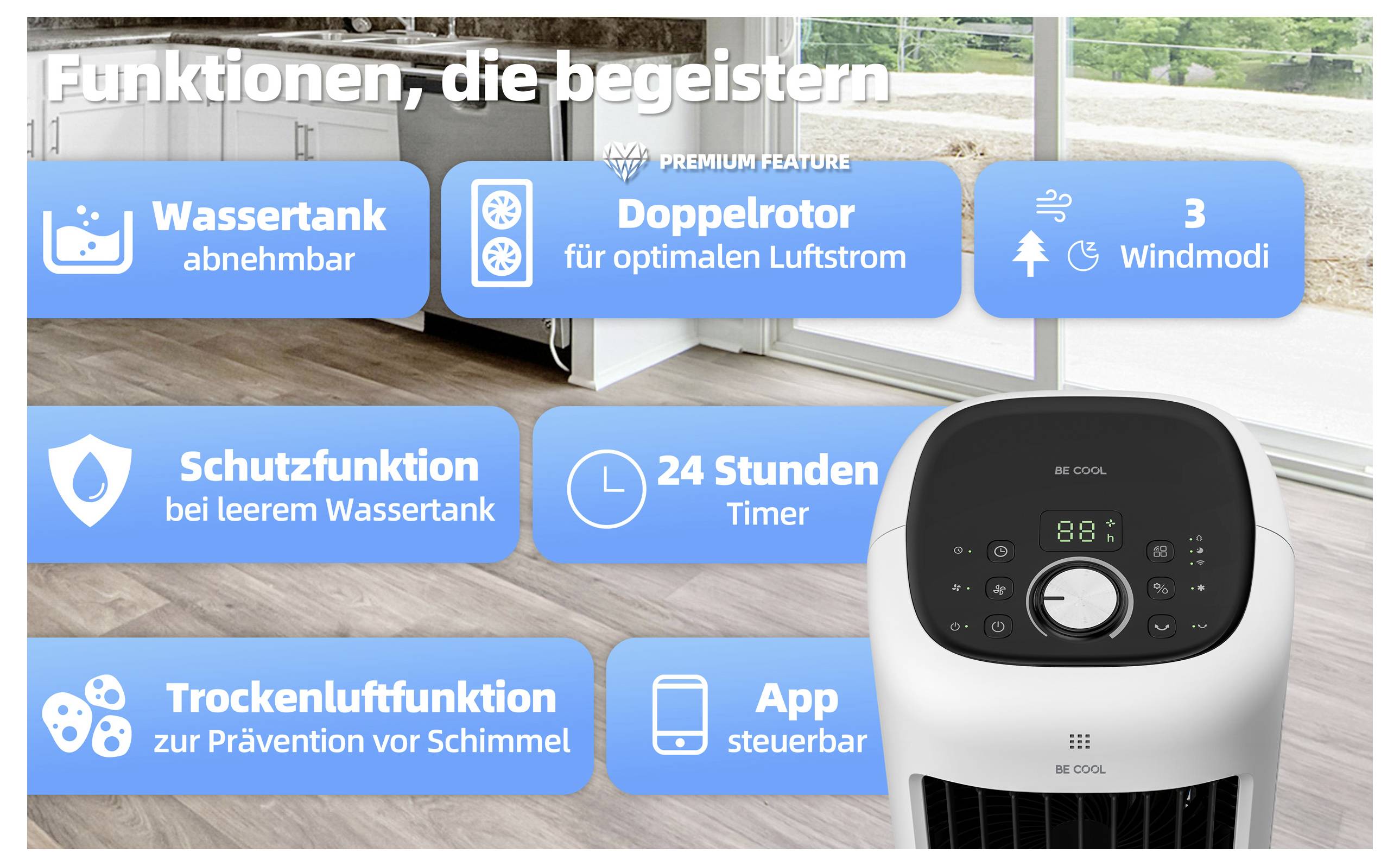 „Funktionen, die begeistern" hebt die Merkmale einer Klimaanlage hervor: abnehmbarer Wassertank, Dualrotor für Luftzirkulation, drei Windmodi, Schutz bei leerem Wassertank, 24-Stunden-Timer, Anti-Schimmel-Trocknungsmodus und App-Steuerung.