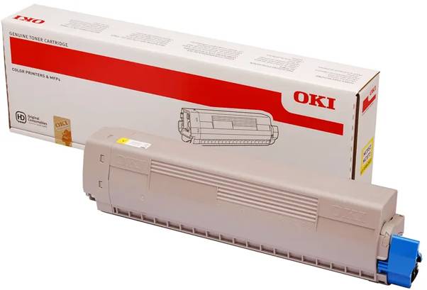 "OKI Tonerkartusche" vor ihrer Verpackungsbox, gekennzeichnet für Farb-Drucker und Multifunktionsgeräte. Die Box weist rote Markierung und eine Produktumrisslinie auf.