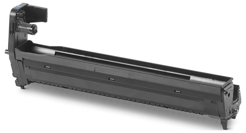Schwarze Druckertoner-Patrone auf weißem Hintergrund, die ihr Design und ihre Komponenten wie die Tonerkammer und die Walze präsentiert.