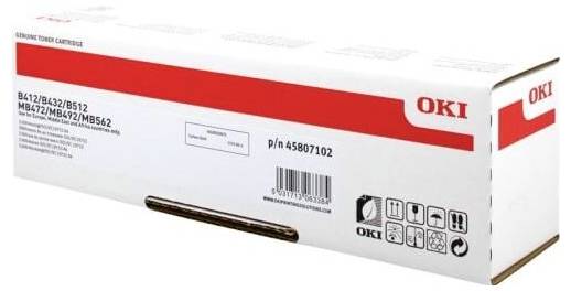 Eine weiße rechteckige Box mit der Bezeichnung "OKI" enthält eine Tonerkartusche für die B412/B432/B512/MB472/MB492/MB562-Serie, mit der Produktnummer 45807102.