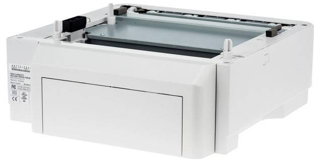 Ein weißes Druckerpapier-Fach, das entwickelt wurde, um die Papierkapazität zu erhöhen und Anpassungsschlitze für verschiedene Papierformate aufweist.