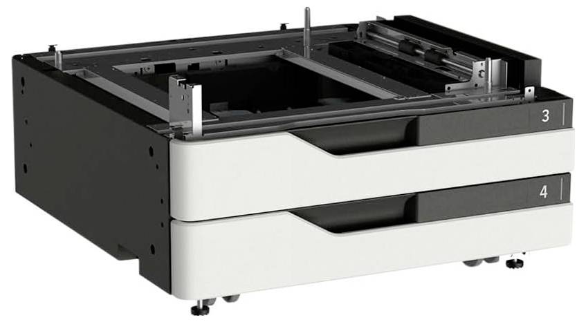 Ein Drucker-Papierfach mit zwei Schubladen, beschriftet mit den Nummern '3' und '4', für Bürodrucker konzipiert, mit sichtbaren inneren Mechanismen.