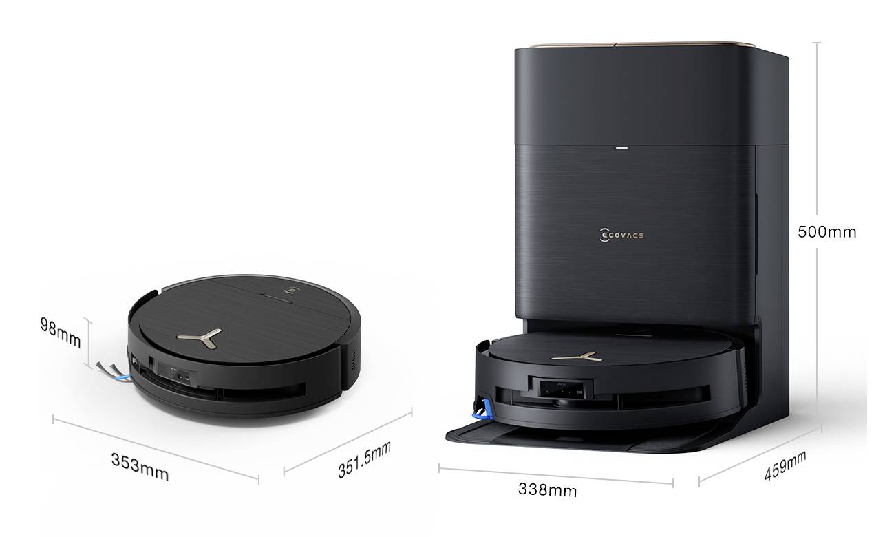 Ein schwarzer Roboter-Staubsauger mit den Abmessungen 353 mm x 351,5 mm x 98 mm und seine Ladestation mit den Maßen 338 mm x 459 mm x 500 mm.