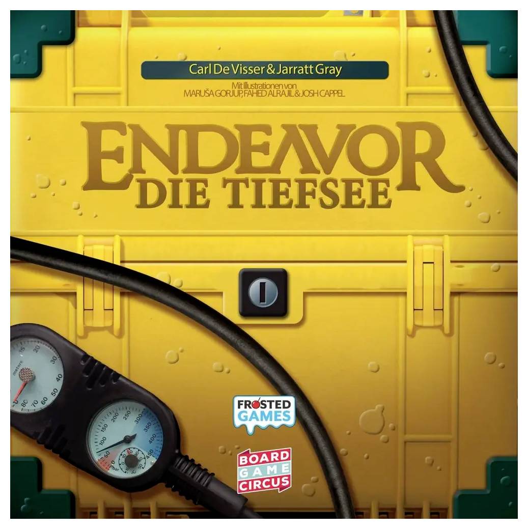 Das Bild zeigt die Spieleschachtel von 'Endeavor: Die Tiefsee' mit einem gelben Tiefsee-Thema, Druckmessgeräten und Markenlogos.