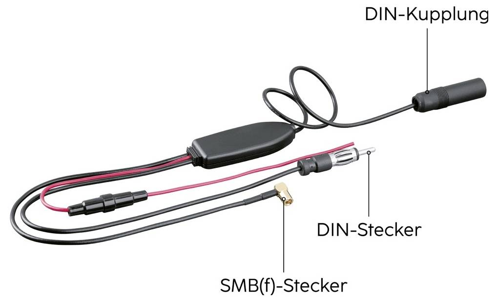 DIN-Kabeladapter mit 'DIN-Kupplung', 'DIN-Stecker' und 'SMB(f)-Stecker' Anschlüssen, verwendet zum Verbinden von Audiogeräten.